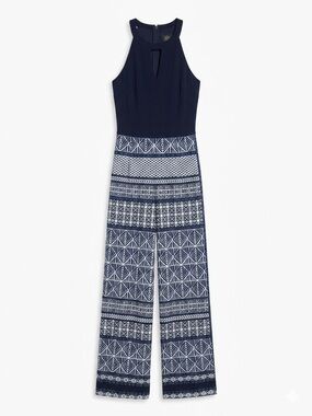 Vince Camuto Navy and White Halter-Top Printed Wide-Leg Jumpsuit